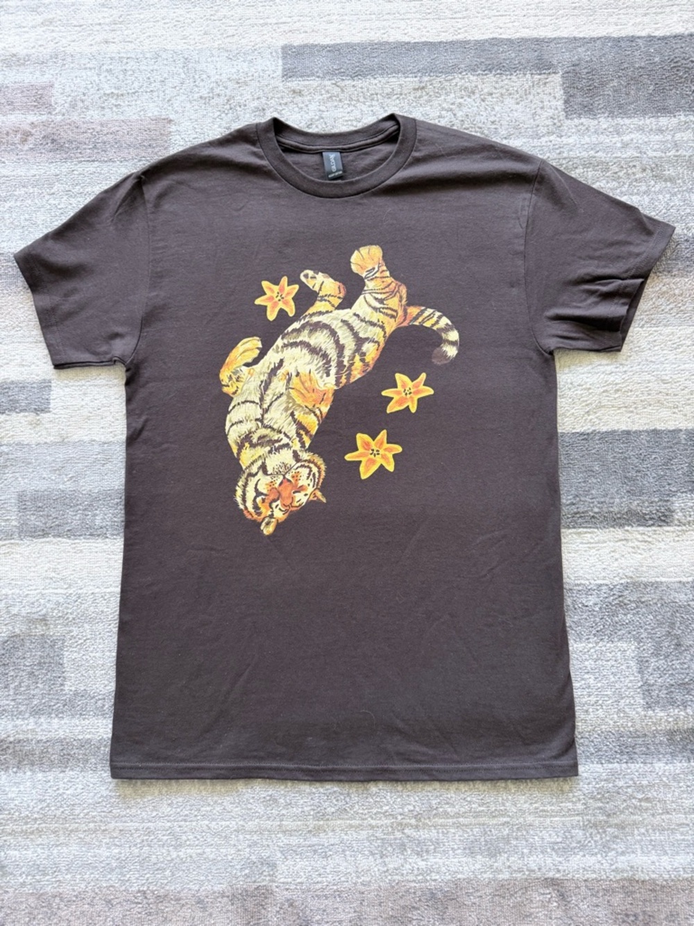 Gildan Brown Short-Sleeve Tee with Yellow-Orange Tiger Graphic